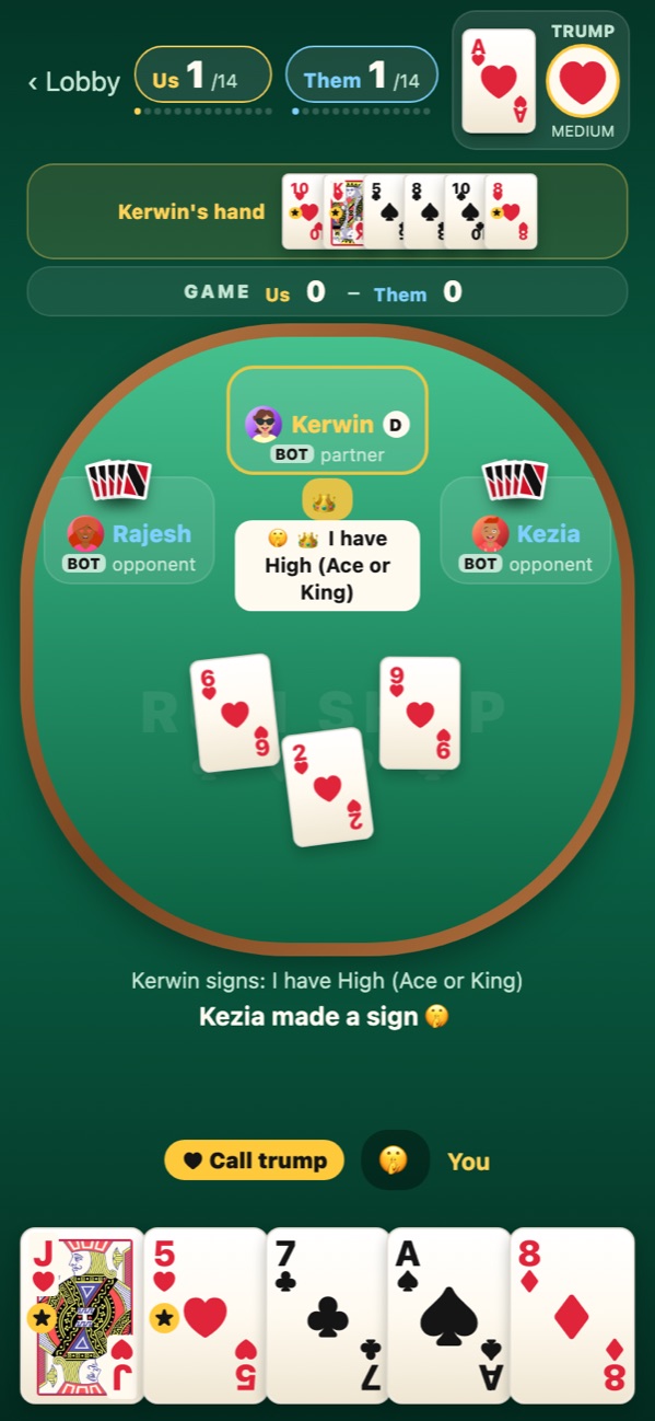 A real game: partner signs, the trump card and live score